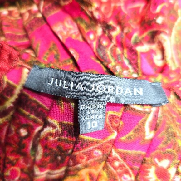 Julia Jordan Red Pink Floral Paisley Pleated V Neck Boho Tiered Flowy Maxi Dress - Picture 11 of 14